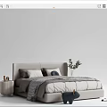 Modern Double Bed With White Gray Bedding Plush Pillows Nightstand Green Plant And Blue Toy