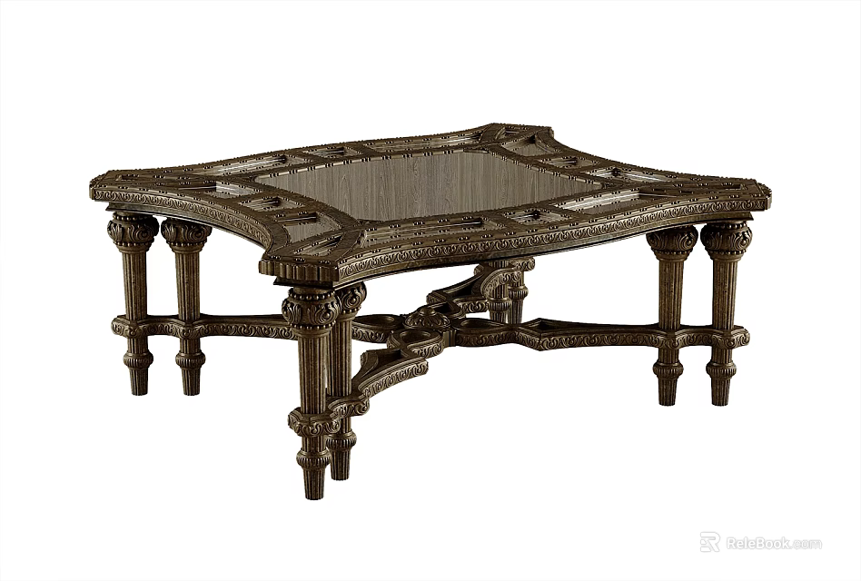 Classic Vintage Coffee Table With Ornate Metal Frame And Glass Top 3d model 