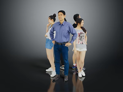 Group of People Standing Together in Casual Outfits on Reflective Black Floor 3d model