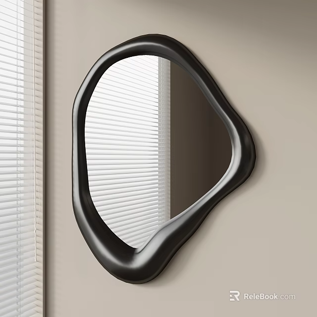 Irregular Shaped Black Frame Mirror Wall Mounted With Window Blinds And Light Colored Wall 3d model 