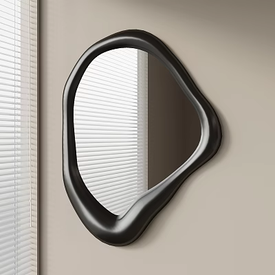 Irregular Shaped Black Frame Mirror Wall Mounted With Window Blinds And Light Colored Wall 3d model
