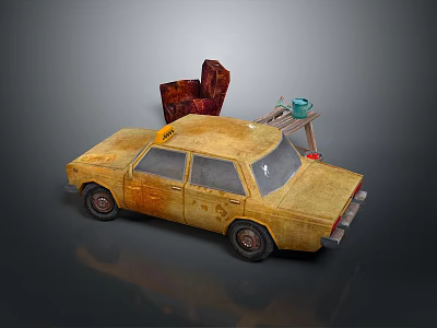 Yellow Old Taxi With Red Chair Small Table Blue Teapot And Green Cup On Roof 3d model
