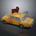 Yellow Old Taxi With Red Chair Small Table Blue Teapot And Green Cup On Roof