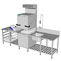 Commercial Kitchen Appliances Setup With Dishwasher Sink Dish Rack And Dishes