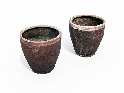 Two Handcrafted Brown Textured Rustic Ceramic Pots With Light Edge Details 3d model