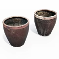 Two Handcrafted Brown Textured Rustic Ceramic Pots With Light Edge Details
