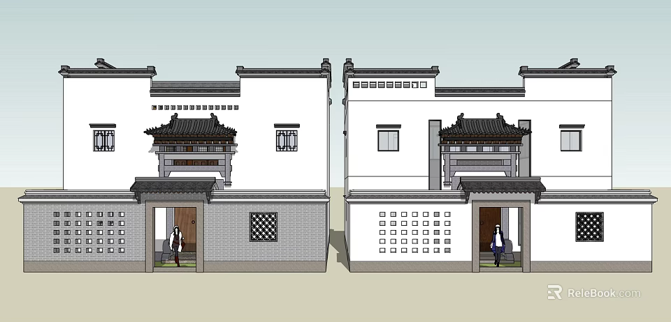 Chinese Style Detached Villa With Traditional Roof White Walls And Carved Windows 3d model 