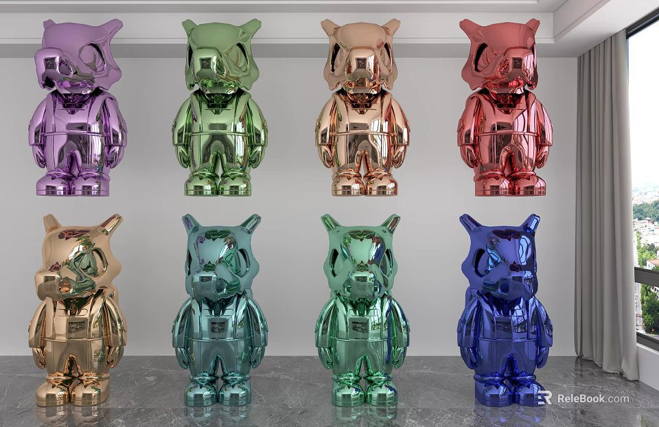 Colorful Metallic Bear Sculptures With Various Shiny Hues For Modern Decor 3d model 