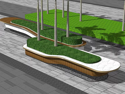 Tree Pit Design With Green Grass Wooden Edges Marble Surface And Surrounding Trees 3d model