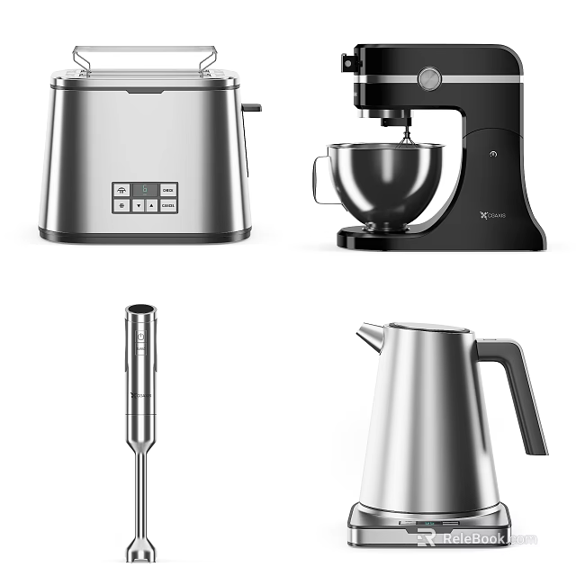Essential Modern Kitchen Appliances With Stainless Steel Mixer Kettle Hand Blender And Toaster 3d model 