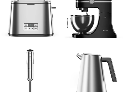 Essential Modern Kitchen Appliances With Stainless Steel Mixer Kettle Hand Blender And Toaster 3d model