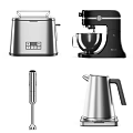 Essential Modern Kitchen Appliances With Stainless Steel Mixer Kettle Hand Blender And Toaster