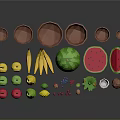 Assorted Colorful Fruits Arrangement With Watermelon Banana And Brown Bowls