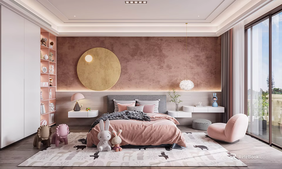 Cozy Kids Room Interior With Pink Decor Golden Round Mirror And Stuffed Toys 3d model 