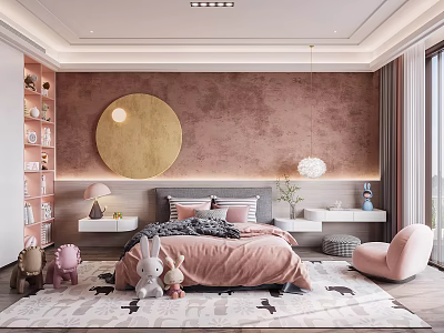 Cozy Kids Room Interior With Pink Decor Golden Round Mirror And Stuffed Toys 3d model