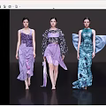 Four Women Fashion Models Walking Runway Show In Creative Designer Outfits