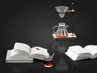 Minimalist Decorative Ornament Set With Open Books Coffee Dripper Glass Kettle And Wooden Base 3d model