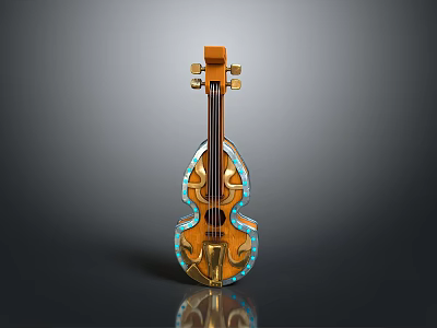 Household Decorative String Instrument With Artistic Brown Blue Gold Ornate Design 3d model