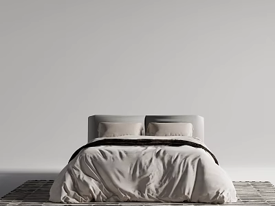 Modern Double Bed with Gray Duvet Two Pillows and Striped Rug on Light Gray Wall 3d model