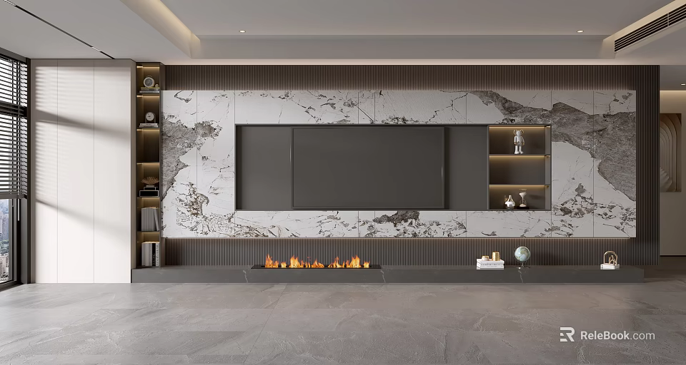 Modern TV Wall Interior Design With Marble Pattern And Fireplace 3d model