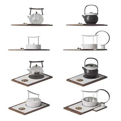 Modern Minimalist Tea Sets With Stylish Teapots And Wooden Tea Trays 3d model