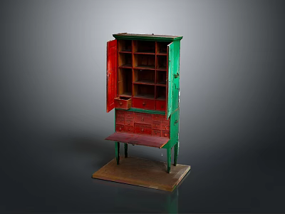 Vintage Green And Red Cabinet With Multiple Shelves Drawers And Wooden Stand 3d model