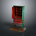 Vintage Green And Red Cabinet With Multiple Shelves Drawers And Wooden Stand