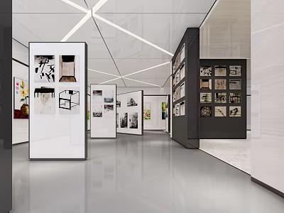 Modern Exhibition Hall With Artworks Display Boards And Ceiling Lighting Design 3d model