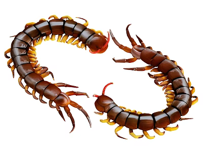 Detailed View Of Two Reptile Centipedes With Brown Bodies Yellow Legs And Curved Shape 3d model