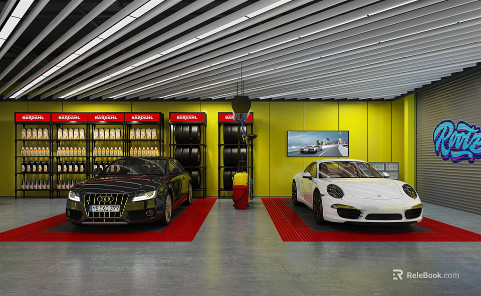 Auto Showroom With Black And White Cars On Red Carpets Yellow Walls Tire Racks TV 3d model 