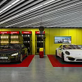 Auto Showroom With Black And White Cars On Red Carpets Yellow Walls Tire Racks TV