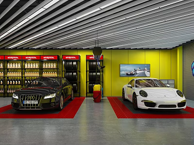 Auto Showroom With Black And White Cars On Red Carpets Yellow Walls Tire Racks TV 3d model