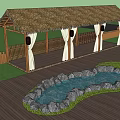 Rustic Thatched Roof Pergola with White Curtains and Wooden Structure in Garden Pond Setting