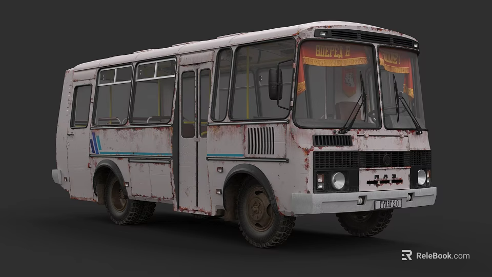 Vintage White Bus With Blue Stripes Rusty Exterior And Red Windshield Decorations 3d model 
