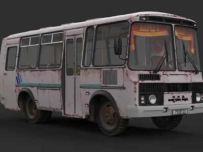 Vintage White Bus With Blue Stripes Rusty Exterior And Red Windshield Decorations 3d model