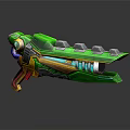 Futuristic Green Sci Fi Weapon with Yellow Blue Red Accents and Metallic Shiny Surface Design