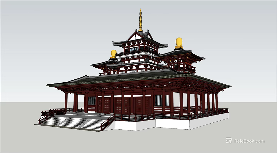 Ancient Architecture with Multi Tiered Roof Golden Spire Red Structure and Stone Steps 3d model 