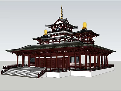 Ancient Architecture with Multi Tiered Roof Golden Spire Red Structure and Stone Steps 3d model
