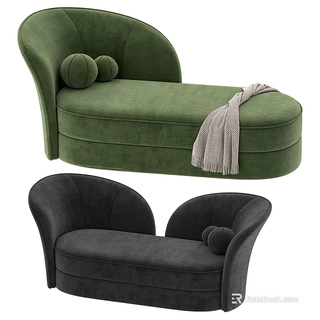 Elegant Modern Velvet Chaise Lounge in Green and Gray with Pillows and Throw Blanket 3d model 