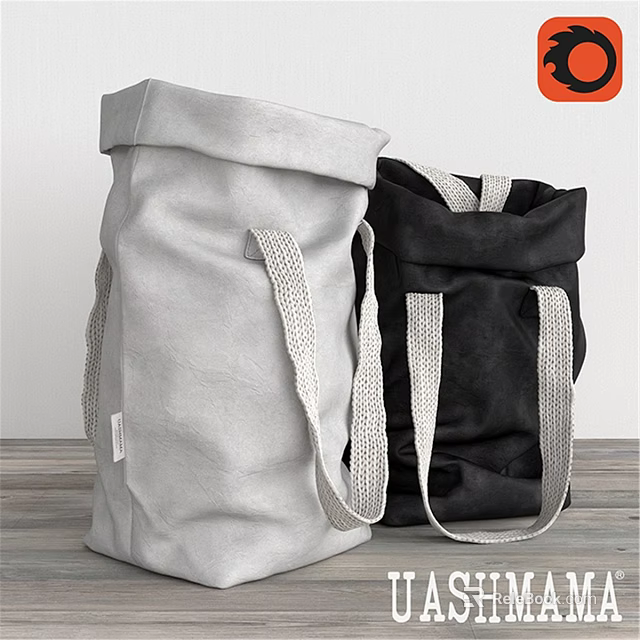 Gray And Black Durable Fabric Laundry Storage Bags With White Straps On Wooden Surface 3d model 
