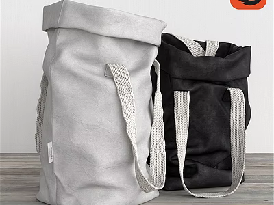 Gray And Black Durable Fabric Laundry Storage Bags With White Straps On Wooden Surface 3d model