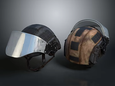 Tactical Weapon Helmets With Black Metal Shield And Brown Camo Design 3d model
