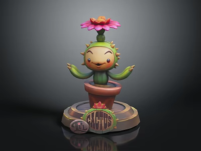 Cactus Decorative Furniture Figure with Smiling Face Pink Flower Pot and Gold Coin Base Design 3d model