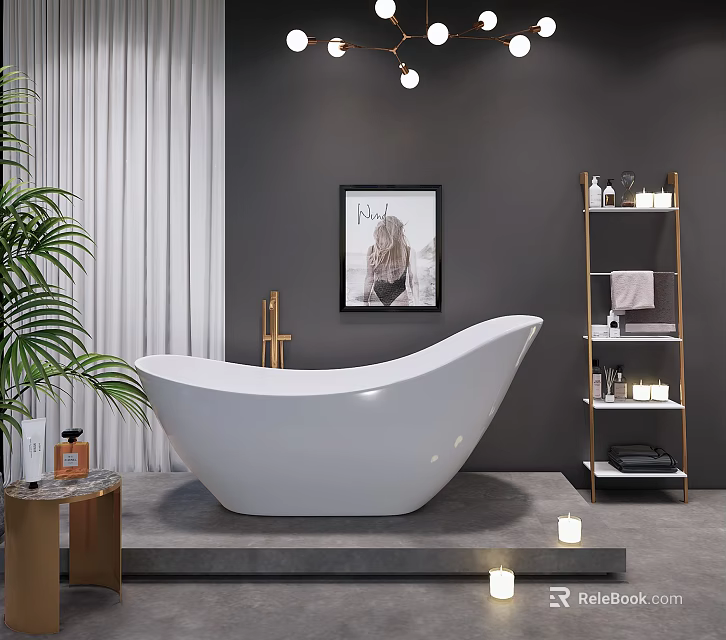 White Freestanding Bathtub with Green Plant Framed Artwork and Shelf in Modern Bathroom 3d model 
