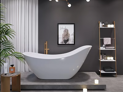 White Freestanding Bathtub with Green Plant Framed Artwork and Shelf in Modern Bathroom 3d model