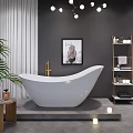 White Freestanding Bathtub with Green Plant Framed Artwork and Shelf in Modern Bathroom