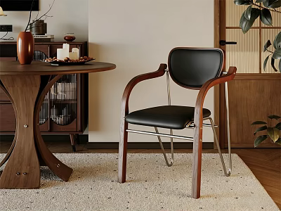Modern Dining Chair With Black Leather Seat Wooden Armrests Metal Legs And Wooden Round Table 3d model
