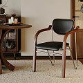 Modern Dining Chair With Black Leather Seat Wooden Armrests Metal Legs And Wooden Round Table