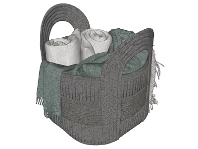 Household Storage Knitted Basket With Handle White Towels And Green Fringe Blanket 3d model