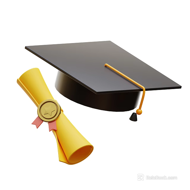 Black Graduation Mortarboard with Tassel and Yellow Diploma Scroll Featuring Red Ribbon and Gold Seal 3d model 